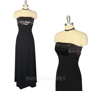 Cache Vintage 90s Black Leather Maxi Dress Size XS P Strapless Reptile Gothic